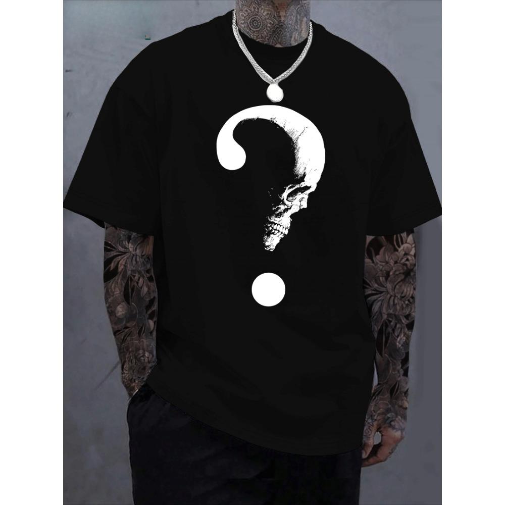 T Shirt Man Question Mark Skull Question Mark Graphic Print Cotton T-shirt Men's Fashion Casual Cotton Short-sleeved Crew Neck