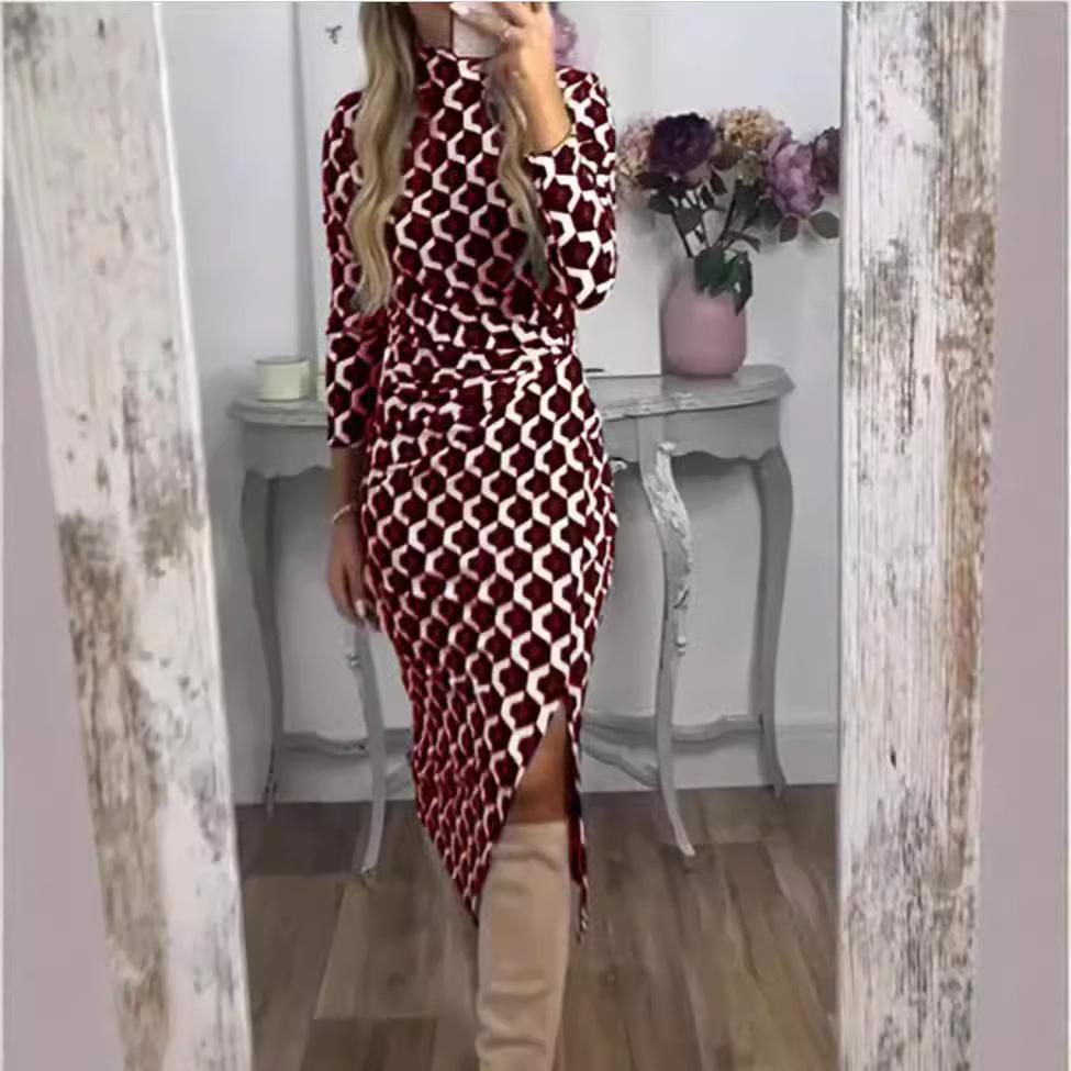 Women's Autumn and Winter Fashion Printed Split Round Neck Long Sleeve Dresses