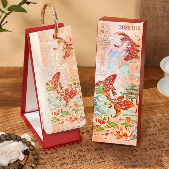 2026 Desk Flip Calendar Vintage Gold Stamping Painting Desktop Organizer Aesthetic Standing Calendar for Home Office