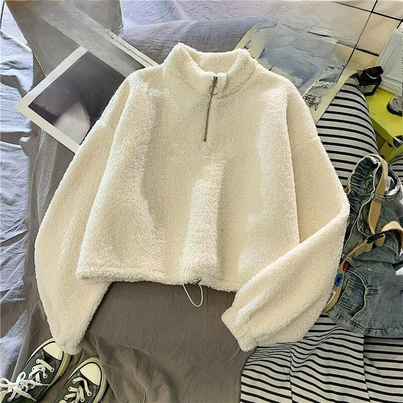 

Полувысокий воротник плюс бархат утолщенный ягненок флис короткий свитер женский осенне-зимний теплая куртка XS абрикосовый