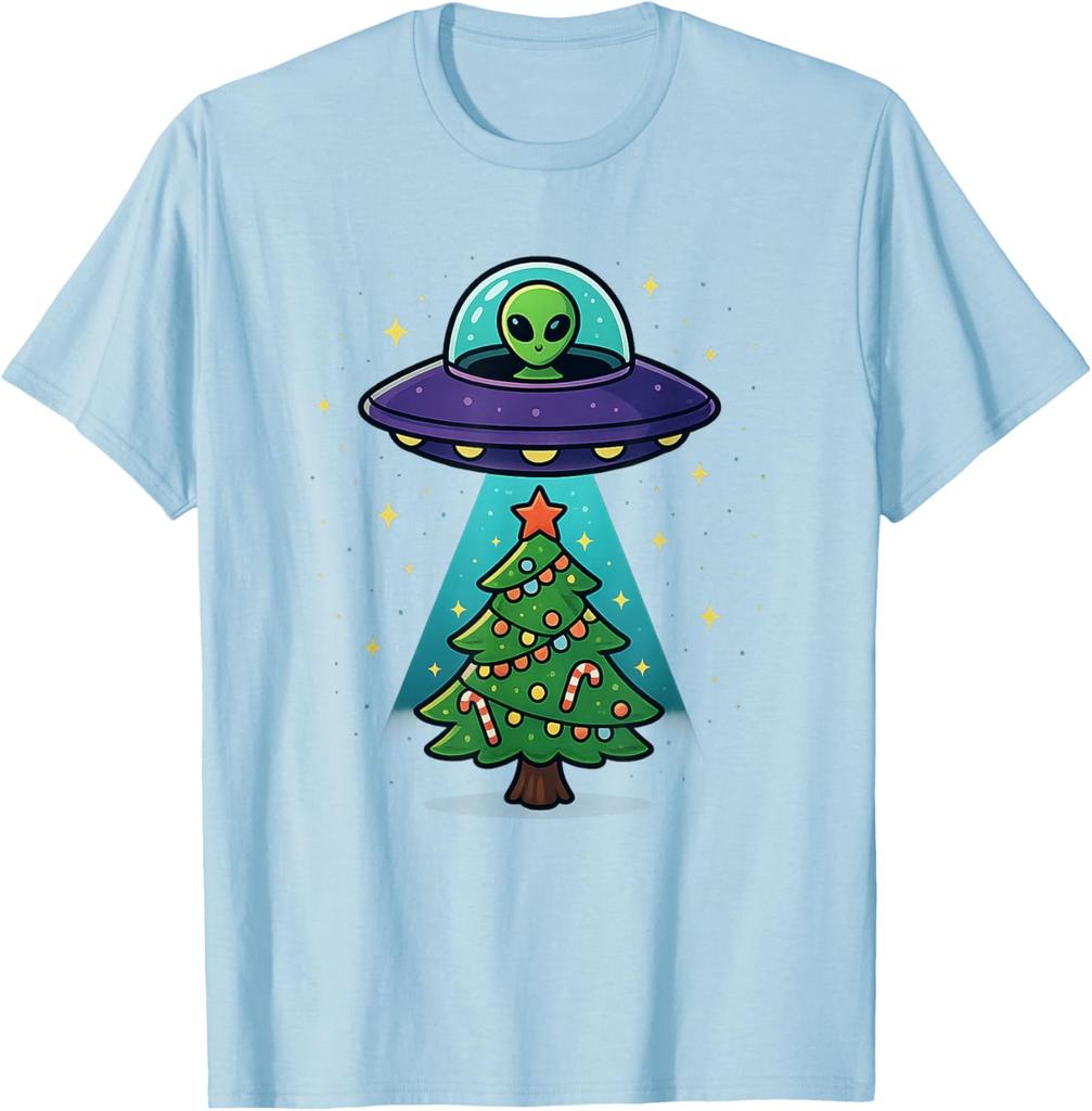 Alien UFO Abduction Christmas Tree Graphic Tee Funny Holiday Casual Cotton T-Shirt
