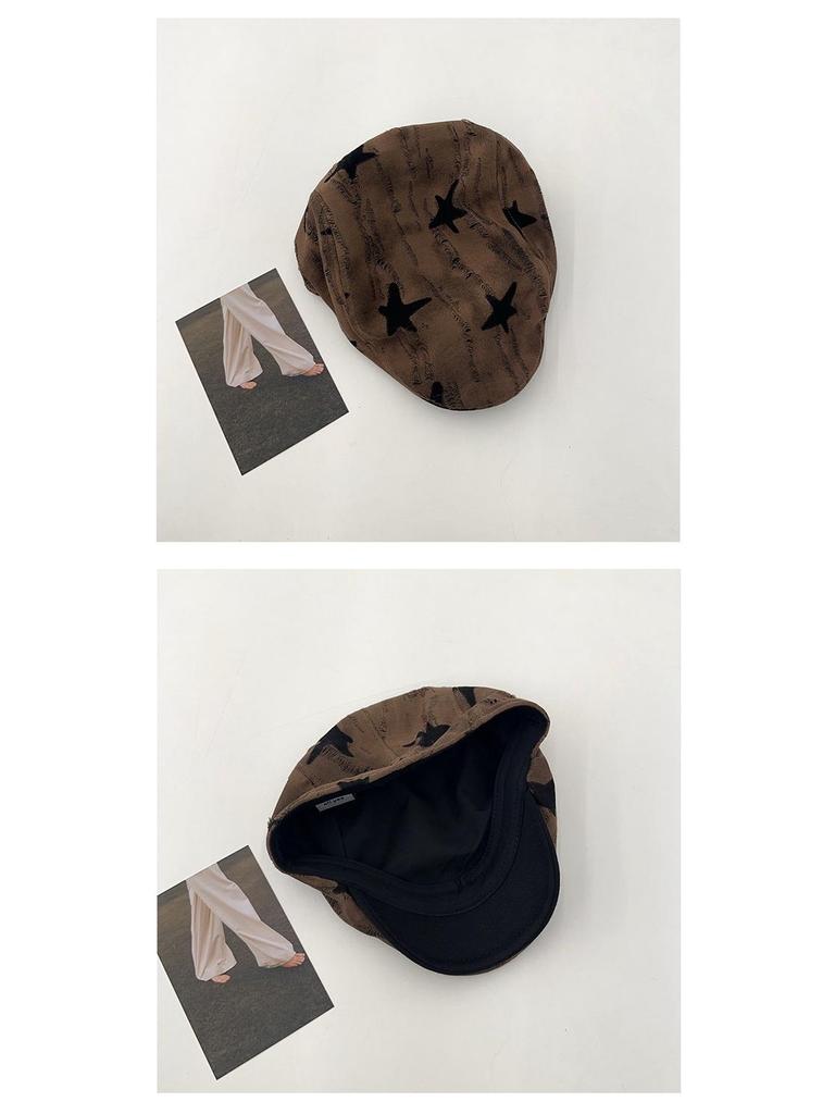Korean Style Women's Versatile Distressed Star Newsboy Cap, Reversible Trendy Beret for Large Head Circumference