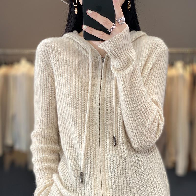 Women's Loose Fit Hooded Cashmere Cardigan Sweater - 100% Wool, Zipper Outerwear for Spring