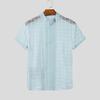 INCERUN Men Short Sleeve Plaid Mesh Sheer Stitching Tops T-shirts