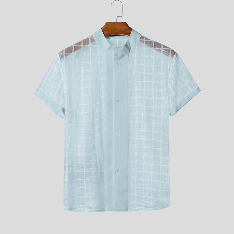 INCERUN Men Short Sleeve Plaid Mesh Sheer Stitching Tops T-shirts