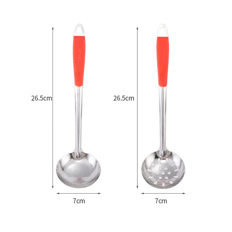 Kjøkkensil Rustfritt Stål Skje Matlaging Dørslag med Plast Anti-skåldingshåndtak Varmgrytesleiv Hengehull Kokeutstyr
