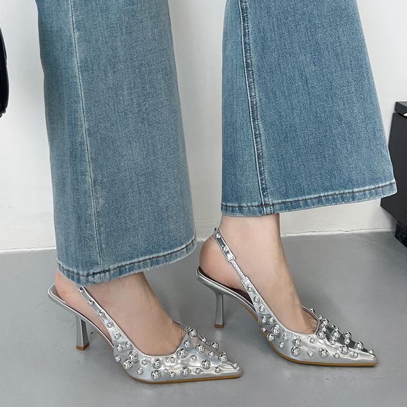 Fashion Female Metal Rivet Women Thin Heels Pumps Shoes Slingbacks Footwear Fashion Pointed Toe Ladies High Heels Shoes Sandals Big Size