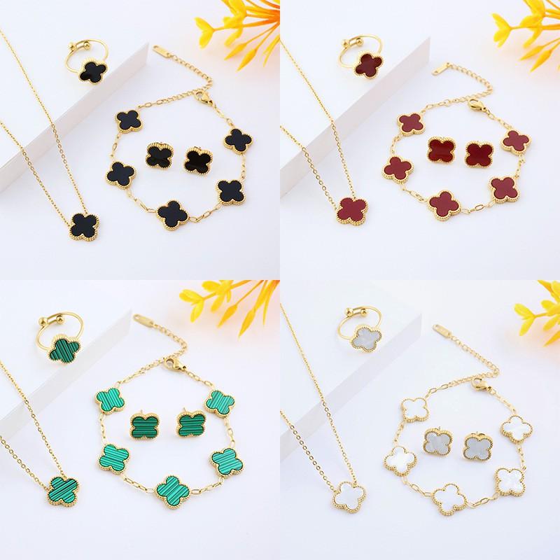 13mm Clover Pendant Necklace Earrings Bracelet Set Women Stainless Steel Cross Chain Pearl Shell Floral Jewelry
