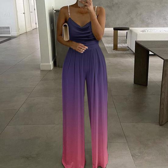 

Faux Pearls Sling Waist Tight Wide Leg Women Jumpsuit Sweet Floral Printing Loose Romper Streetwear M