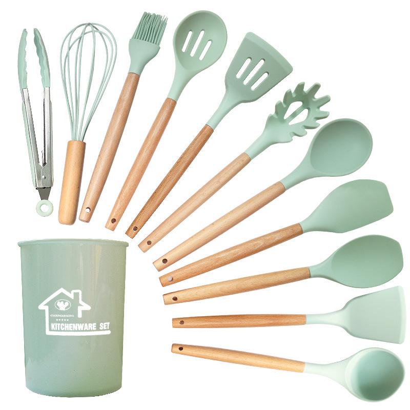 Silicone Kitchenware: 12-Piece Non-stick Spatula and Spoon Set with Wooden Handles for Cooking and Baking