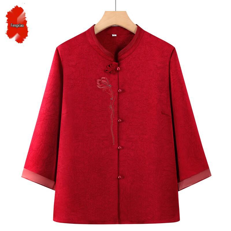 Women s Mid-Aged Festive Jacquard Pan-Button Shirt 5XL