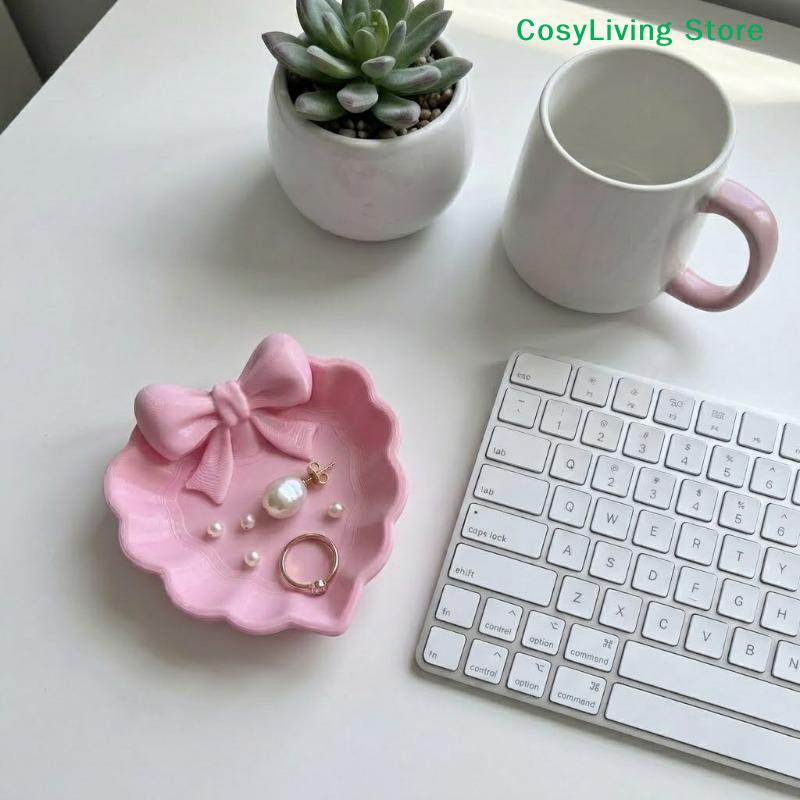 [CL]3D Printed Heart-Shaped Jewelry Tray With Pink Bow Elegant Decor For Table Sink & Office Desk Perfect For Jewelry Storage