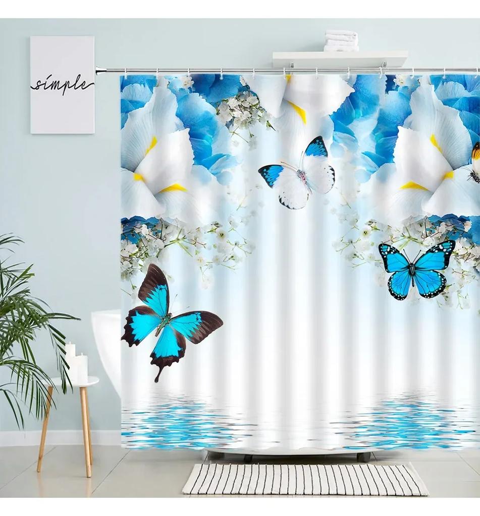 Blauer floraler Schmetterling Duschvorhang Naturrosa Rose Aquarellkunst Blumen Badvorhänge Wasserdichter Stoff Badezimmerdekor Set