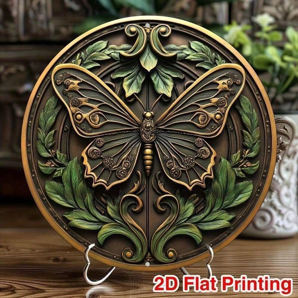 Vintage Round Metal Wall Poster 8x8 inch Gold Floral Design Anti Rust for Living Room