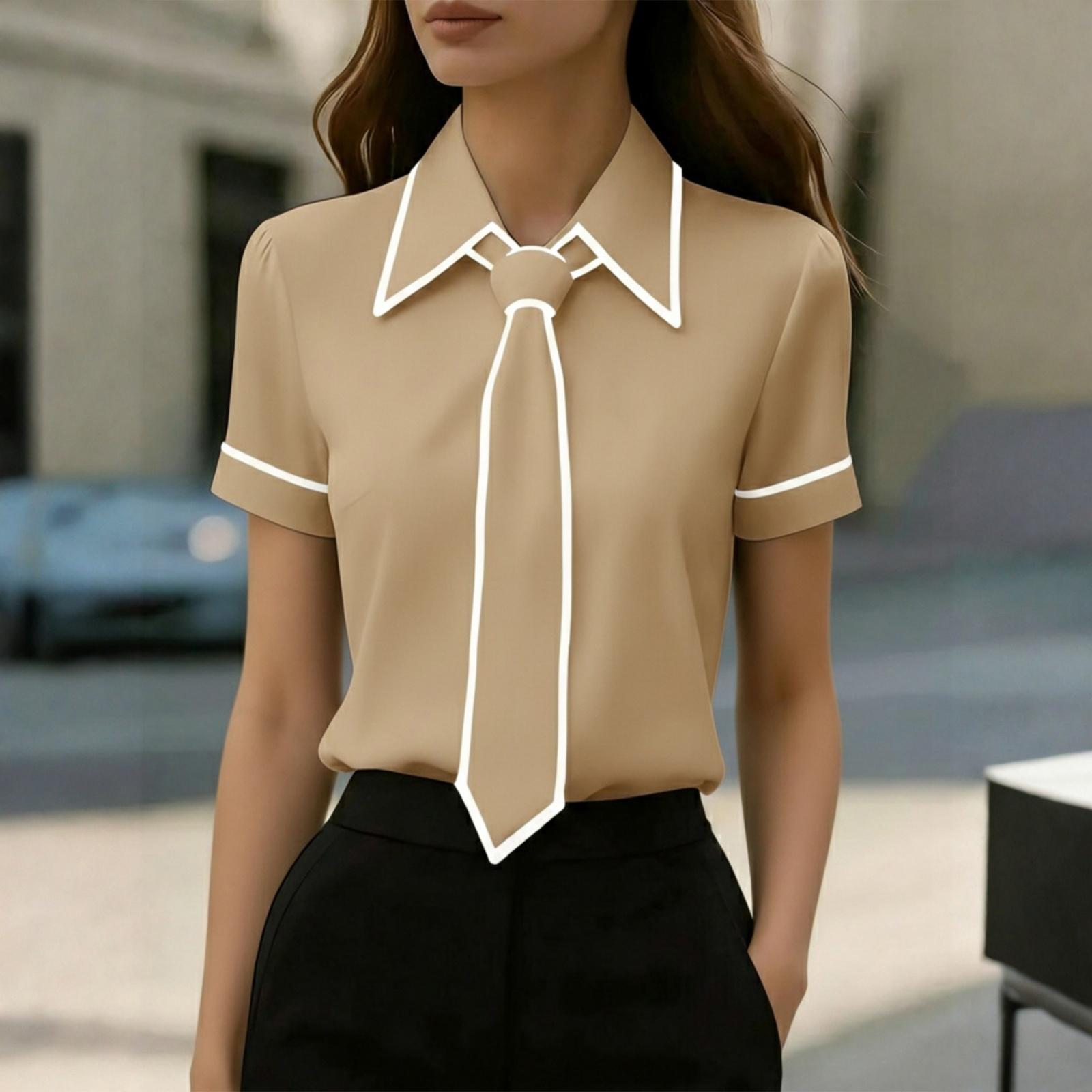 Women s Summer Fashion Lapel Short Sleeved Color Casual Commuting Tie Shirt Top XXL хаки