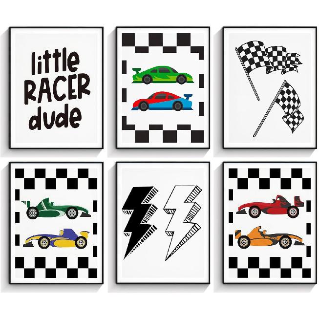 HDXUFJQ 6Pcs Race Car Room Wall Art for Boys Little Racer Dude Posters Prints Race Car Canvas Wall Decor Car Room Decor For Boys Car Pictures Wall 8x10 inch Poster