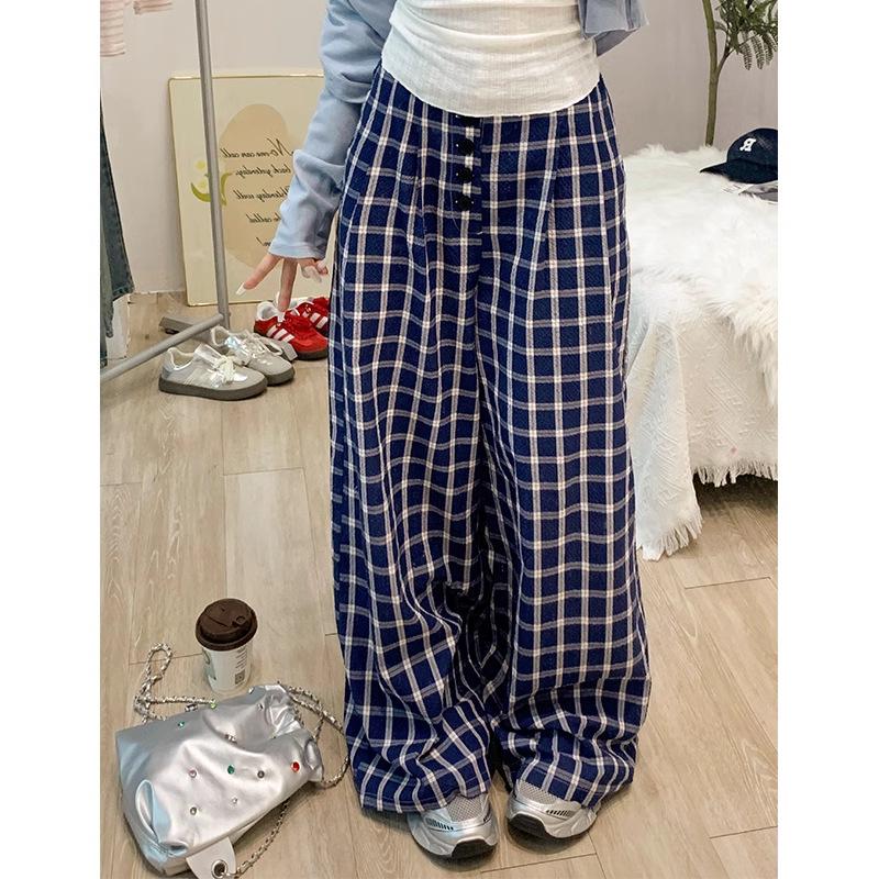 

Women s Early Spring Blue Plaid Wide-Leg Floor-Length Pants XL