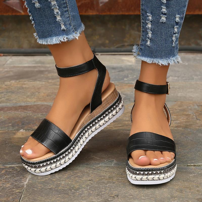 Spring/Summer 2025 Women's Plus Size Hemp Rope Sole Muffin Platform Women's Sandals Women's Buckle Wedge Heel Fishmouth Women's Sandals