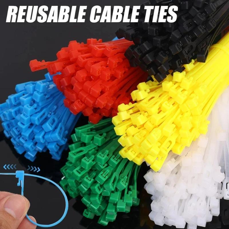 100 Reusable Cable Ties, Cable Lock Loop Nylon Ties Removable Recyclable Mixed Colours Black White Colored Plastic Clip Fastener