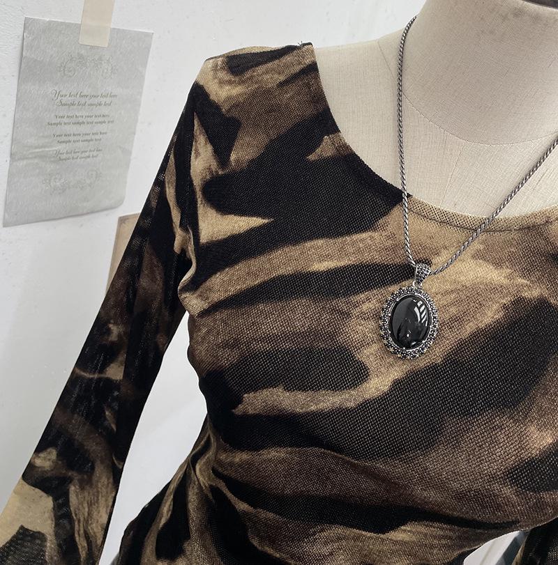 Damen Exklusives rückenfreies Leopardenmuster Schnürung Langarm Slim Fit Oberteil