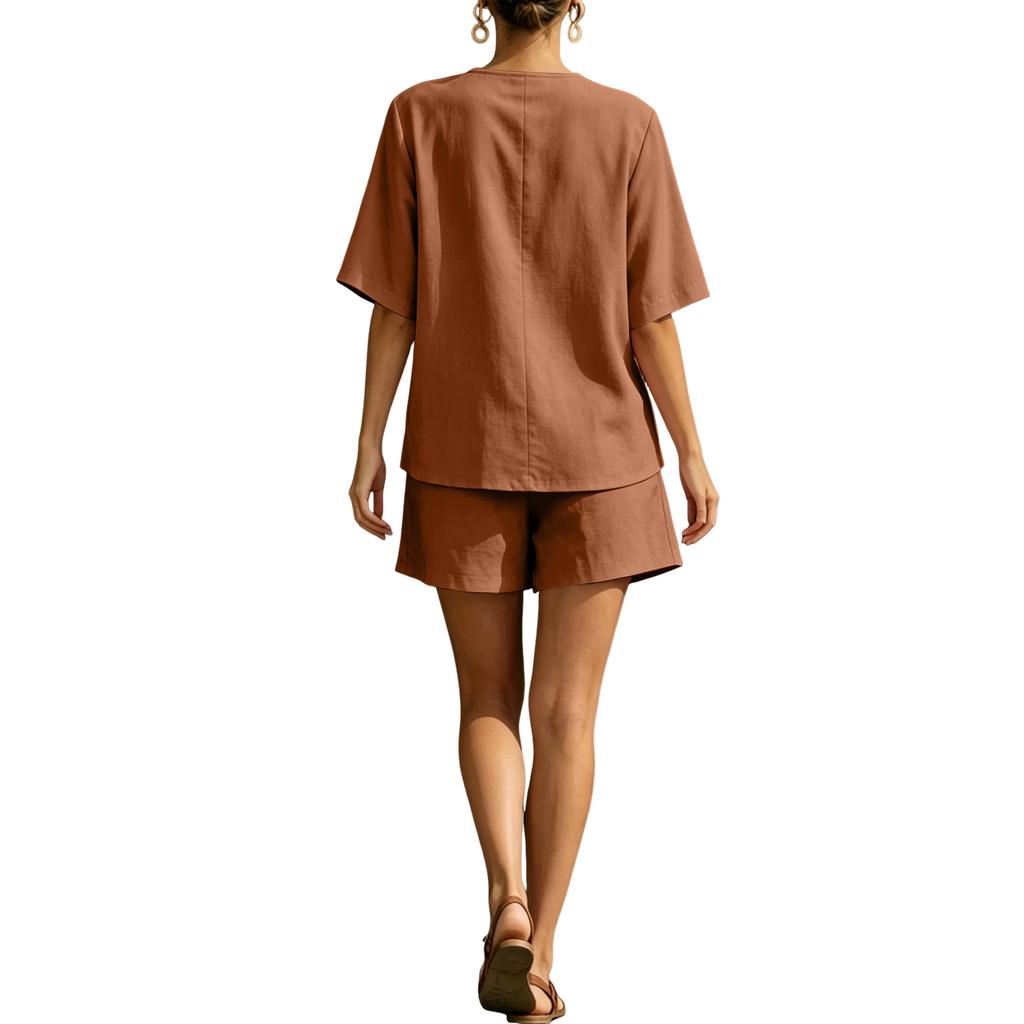 Women's V-Neck Casual Shorts Set - Single Button Front with Tie Waist, Two-Piece Outfit for Summer