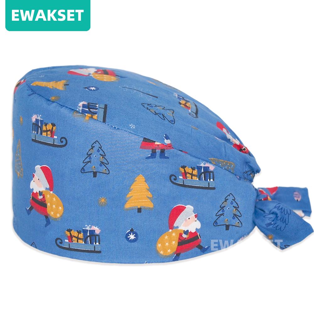 Unisex Christmas Printed Medical Caps Women Men Nurse Doctor Top Surgical Cap Chef Working Hat 100%cotton Scrub Cap
