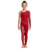 Girls Figure Skating Gymnastics Jumpsuit Asymmetrical Design Back Invisible Zipper Mesh Patchwork Sparkly Rhinestones Bodysuit for Competition