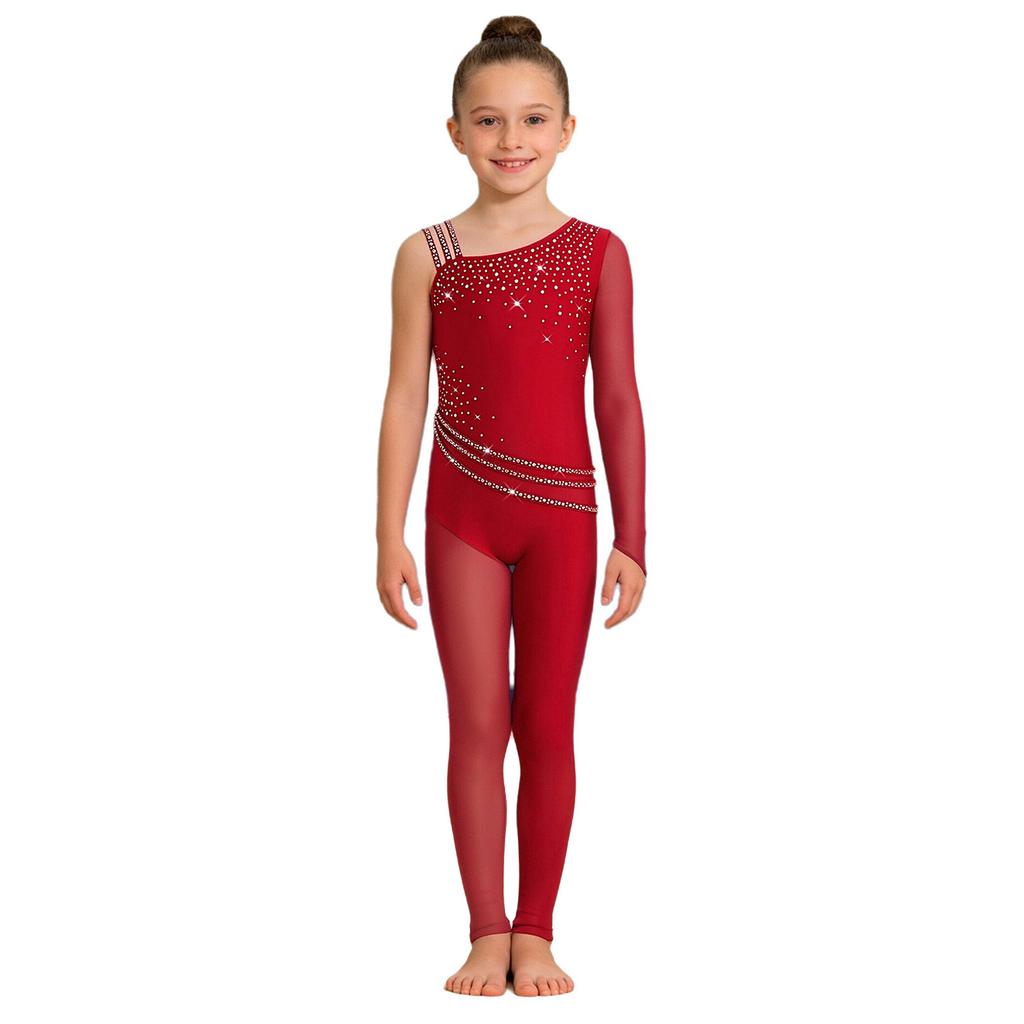 Girls Figure Skating Gymnastics Jumpsuit Asymmetrical Design Back Invisible Zipper Mesh Patchwork Sparkly Rhinestones Bodysuit for Competition