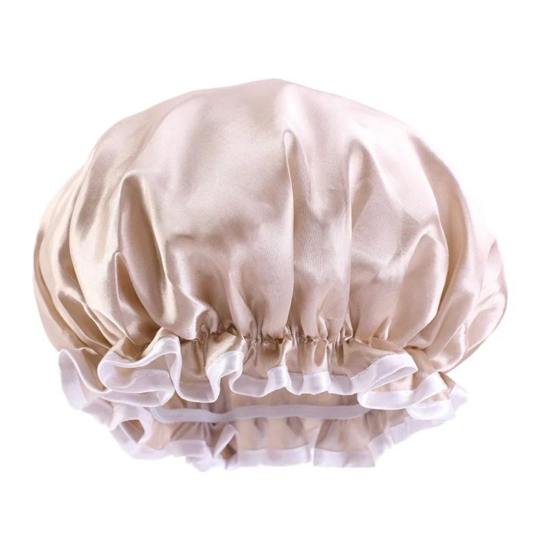 Large Lace Satin Anti-fume Cap PE Lined Waterproof Shower Cap Beauty Home Cap