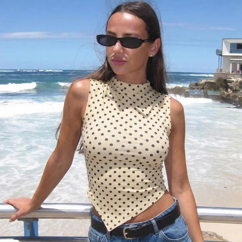 European and American women's clothing summer new sleeveless polka dot printing slim and thin irregular small vest top