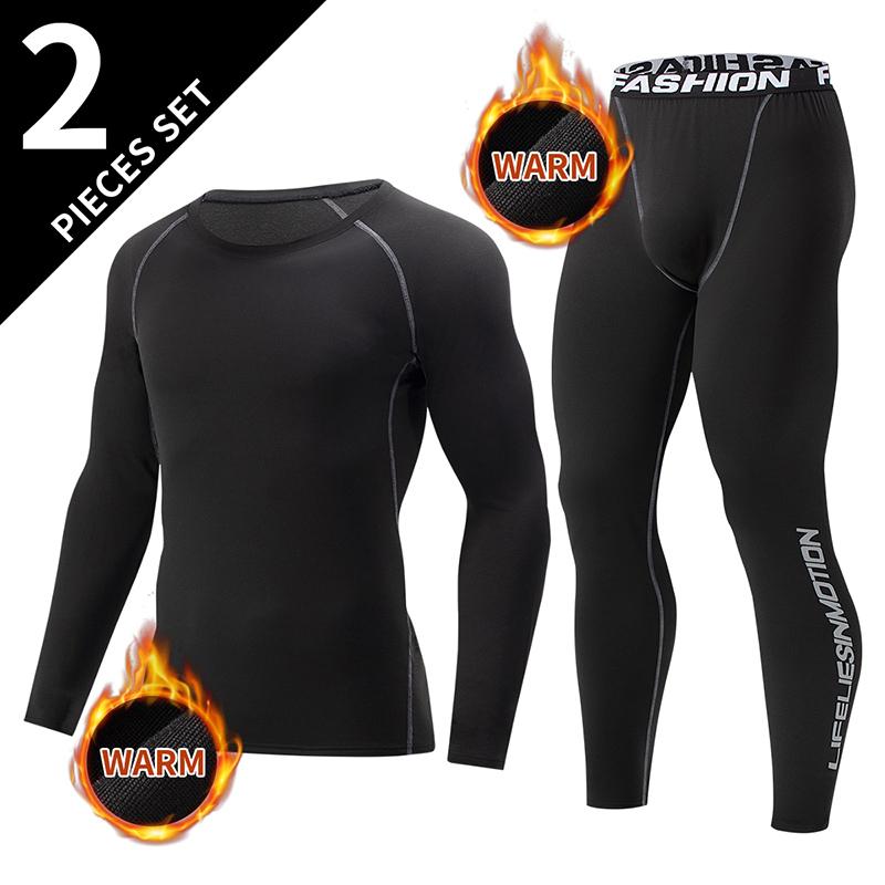 Herfst/Winter Heren Zwart Lange Mouwen Broek Ondergoed Set Jeugd Fitness Hardlopen Basis Sportshirt Casual Stretch Broek