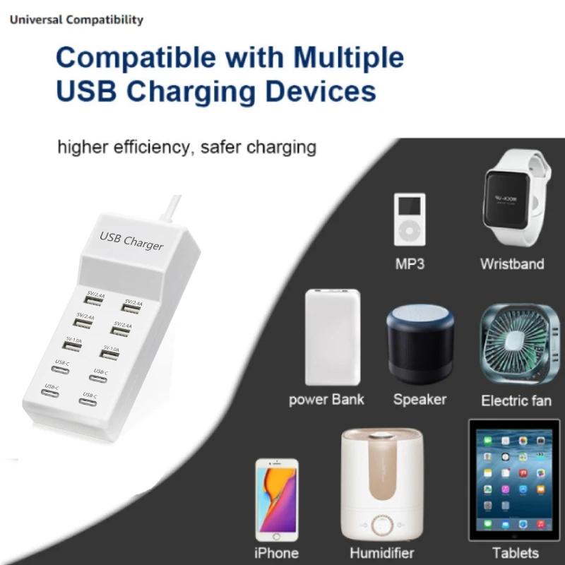 10-Anschlüsse 50W/10A USB-Ladestation Multiport USB-C Hub-Ladegerät für Handy Tablet Mehrere Geräte Verlängerungssteckdose