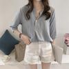 Mode Übergröße Rundhals Gestreiftes Hemd Damen Sieben-Minuten-Ärmel Bluse Locker Lässiges Hemd Vintage Basic Büro Casual Damenhemd