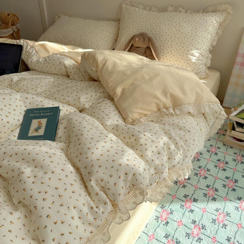 Seersucker Floral Bedding Four-piece Set Washed Skin-friendly Breathable Sheets Quilt Cover Pillowcase