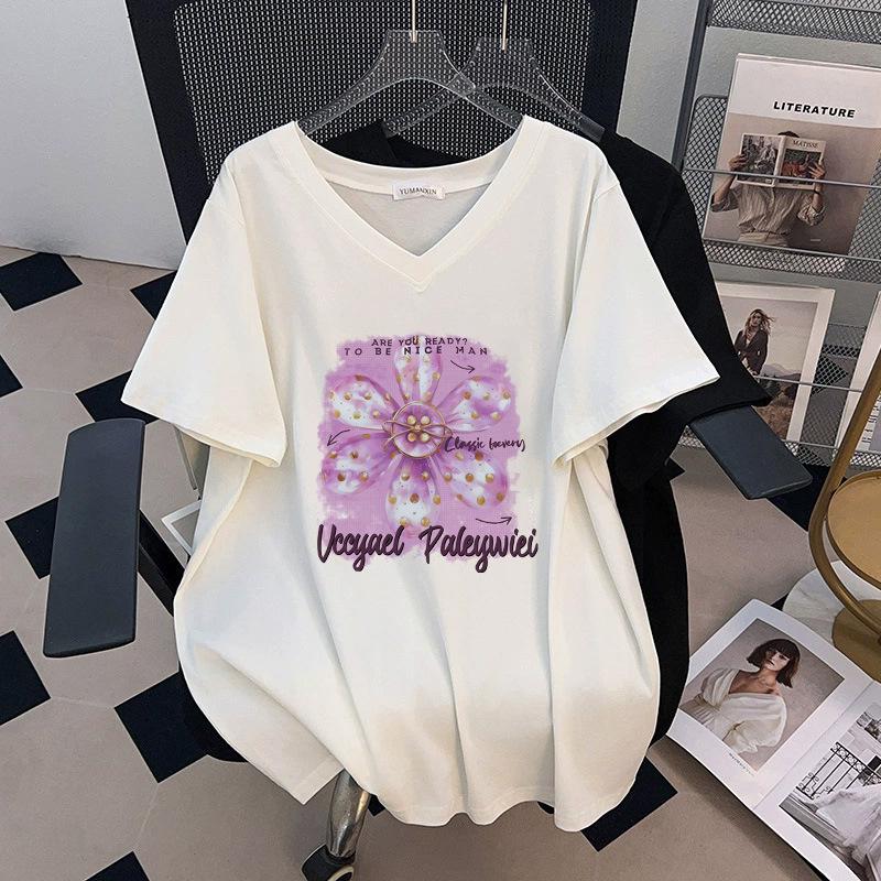 Plus Size Loose Slimming V-Neck Mid-Length Short-Sleeve Women s T-Shirt 3XL