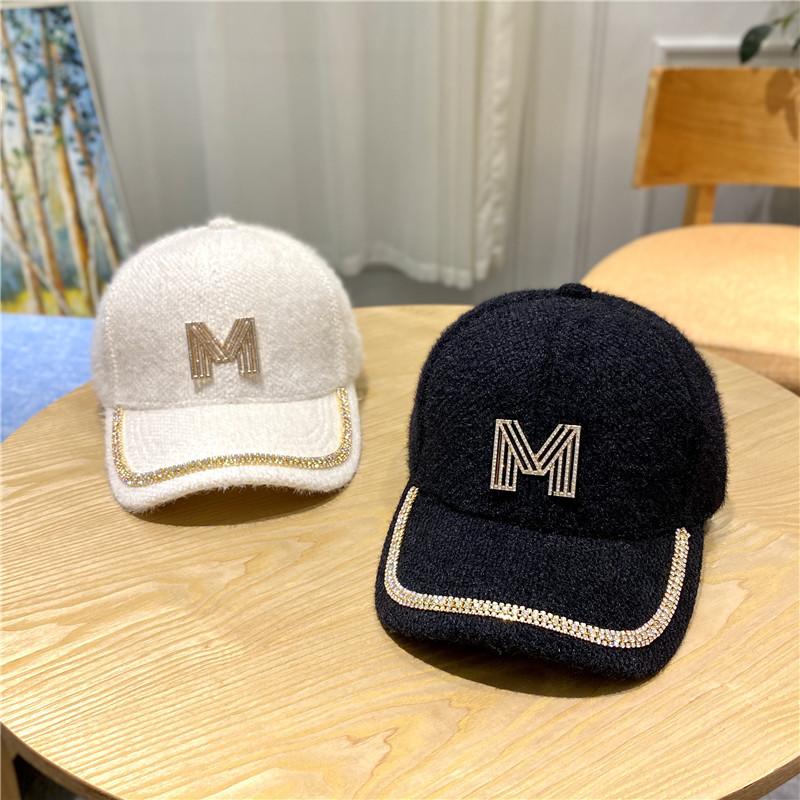Hat Autumn and Winter, Suitable for Round Face Plush Rhinestone Baseball Cap Ins Trendy Brand Face Small Versatile Cap
