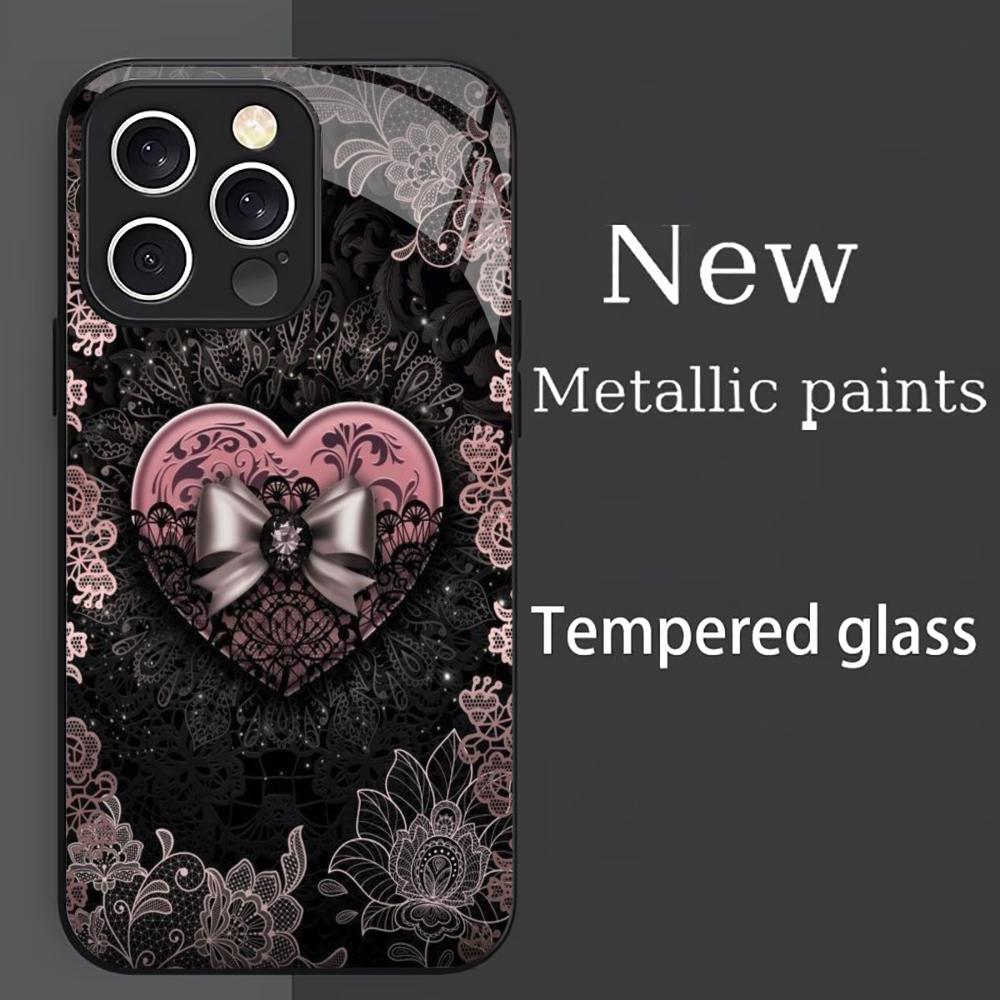 Black Lace with Pink Heart phone case mobile phones for iphone 17 pro max cover Glass for iPhone 17 16 15 14 13 12 11pm Pro Plus