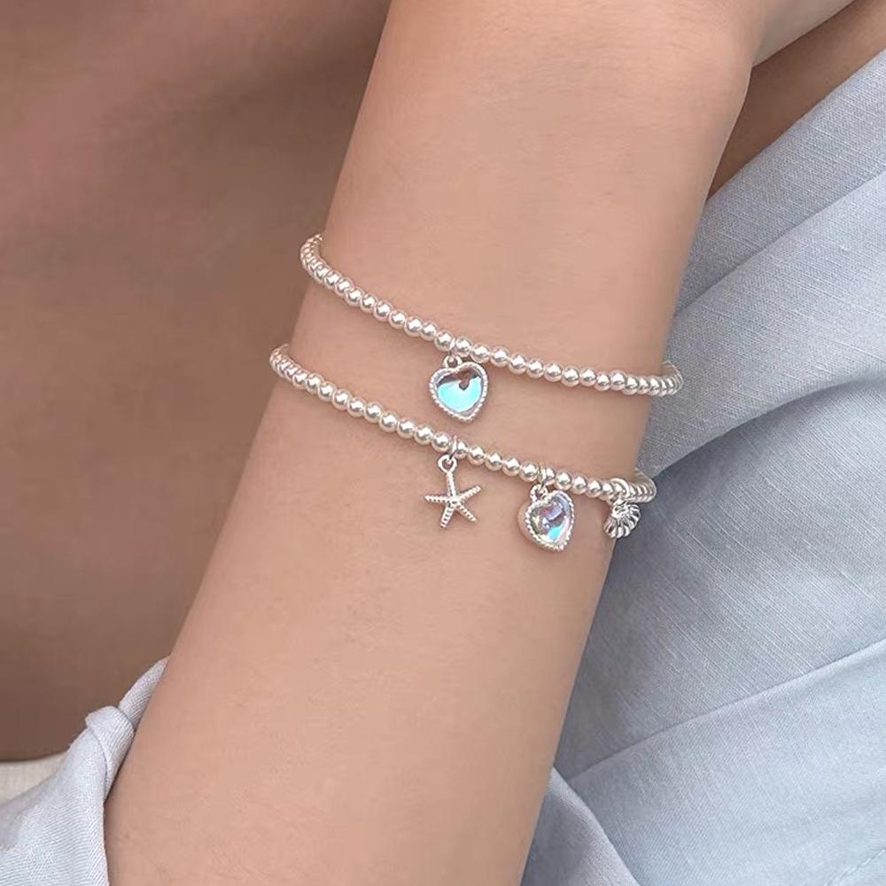 Color-Changing Heart Moonstone and Pearl Sterling Silver Bracelet - High-End Light Luxury Women’s Beaded Bracelet