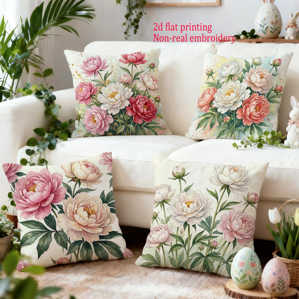 1/4 Stück Aquarell Pfingstrose Floral Kissenbezüge 2D Flachbedruckt Dekorative Kissenhüllen für Zuhause Sofa Schlafzimmer Kissenbezug
