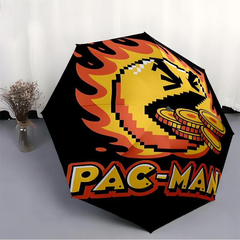 1PC PacMan Flaming Coins Automatic Folding Umbrella - Compact 8-Rib Design, Durable Plastic & Iron, Daily Use F010612
