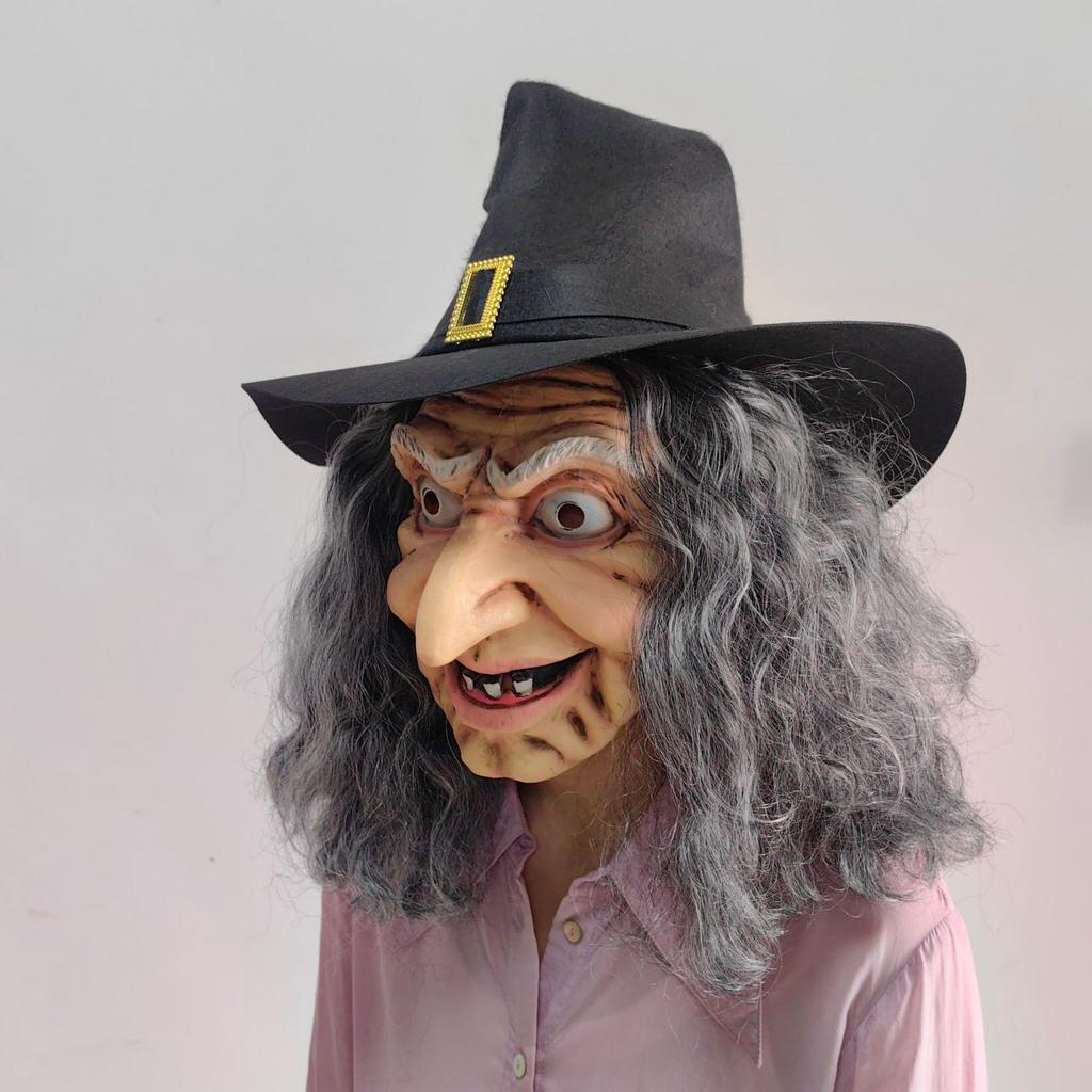 Witch With Hat Mask Cosplay Sorceress Old Nana Grandma Witches Latex Helmet Halloween Carnival Dress Up Party Costume Props