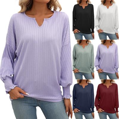 Tricou casual pentru damă, culoare uni, cu decolteu în V, mânecă lungă