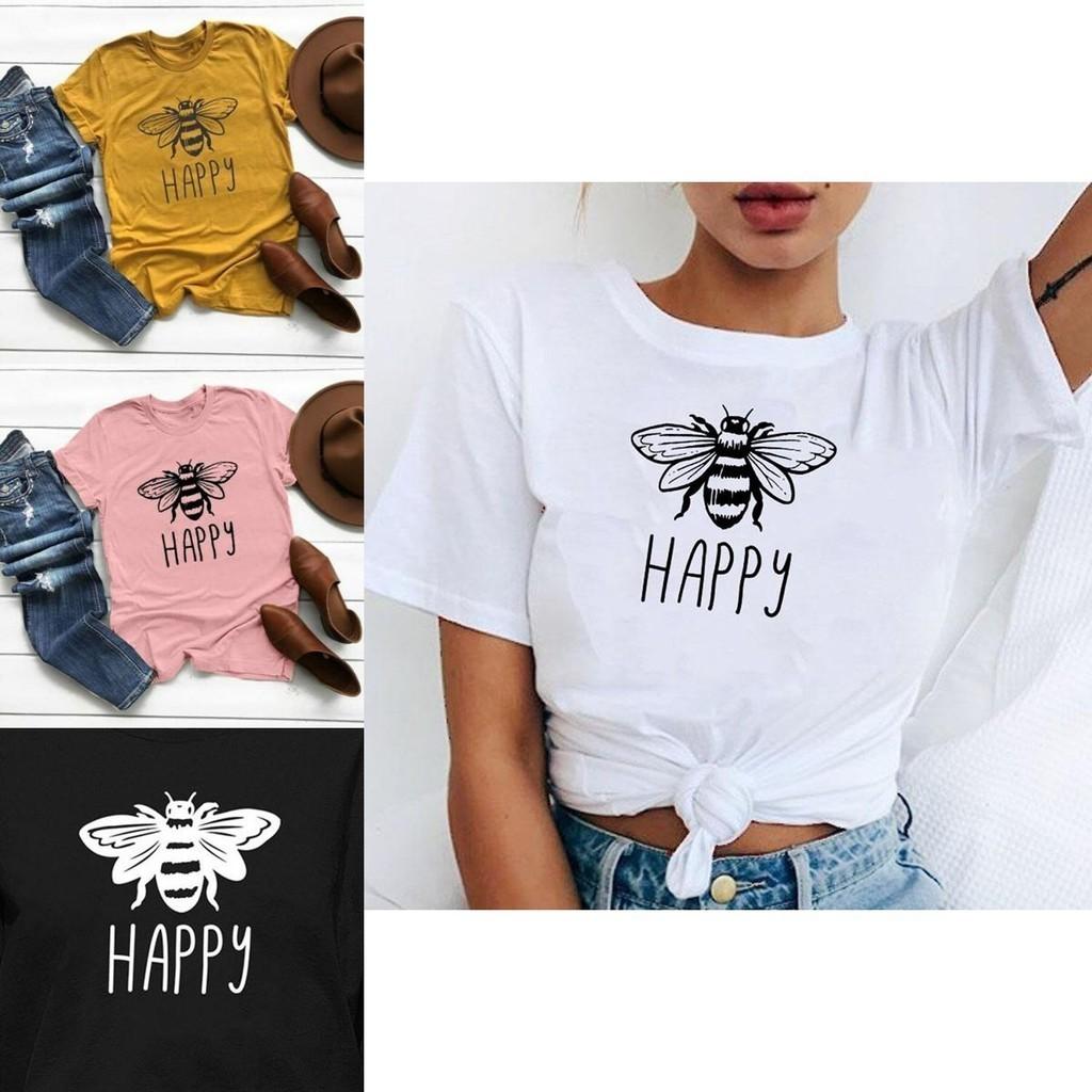 Funny Bee Letter Print Women T Shirts Loose Soft Short Sleeve Graphic Tee Summer