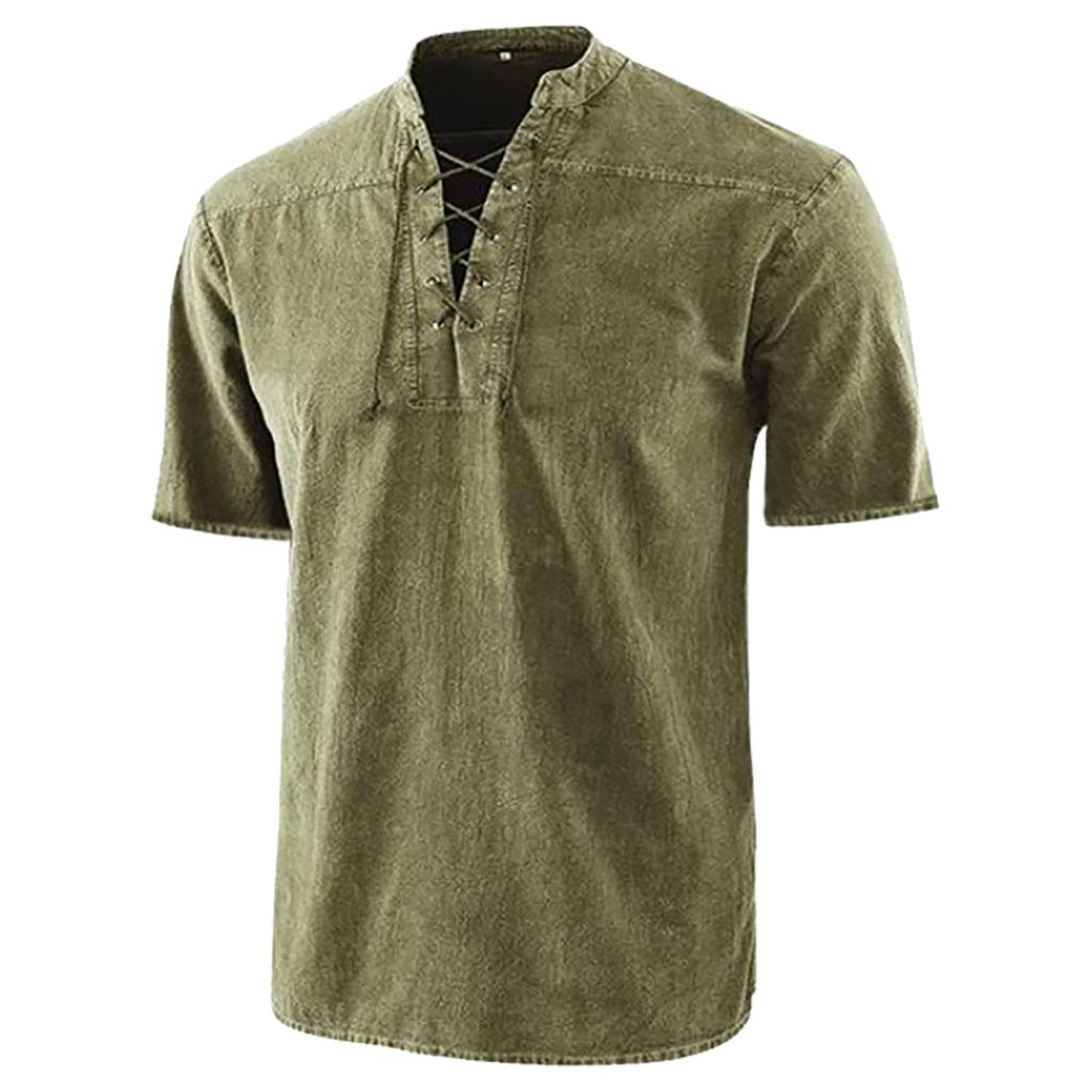 Men's Casual, Fashionable, Retro Lace-up Stand-up Collar Pullover Short-sleeved Top