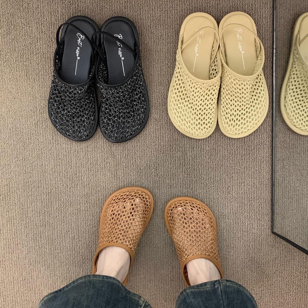 Abendwind Nische gewebtes Netz braune Tasche Kopf Sandalen Feenschuhe 2025 neuer Sommer flache Birkenstocks