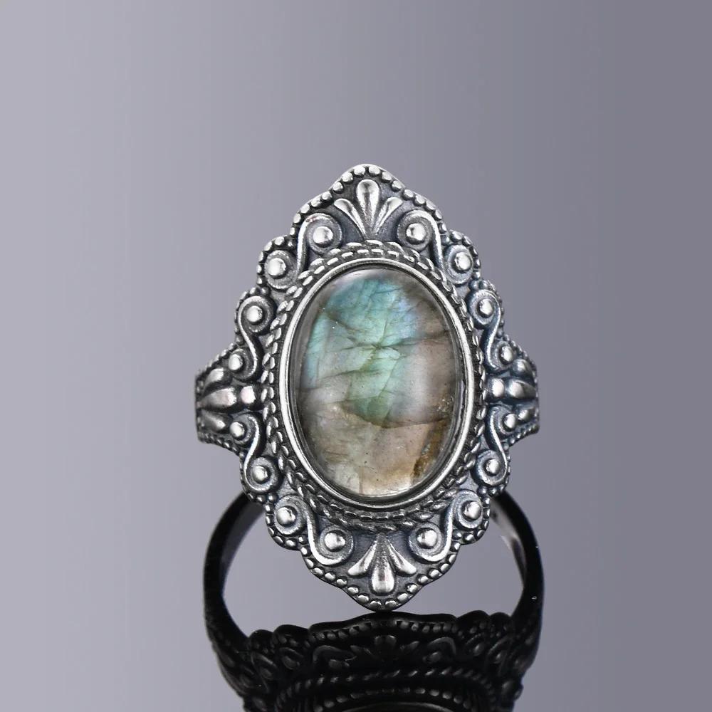 Retro Oval Natural Labradorite Rings for Women Men Silver Ring Finger Ring Retro Zircon Rings Jewelry Party Gift