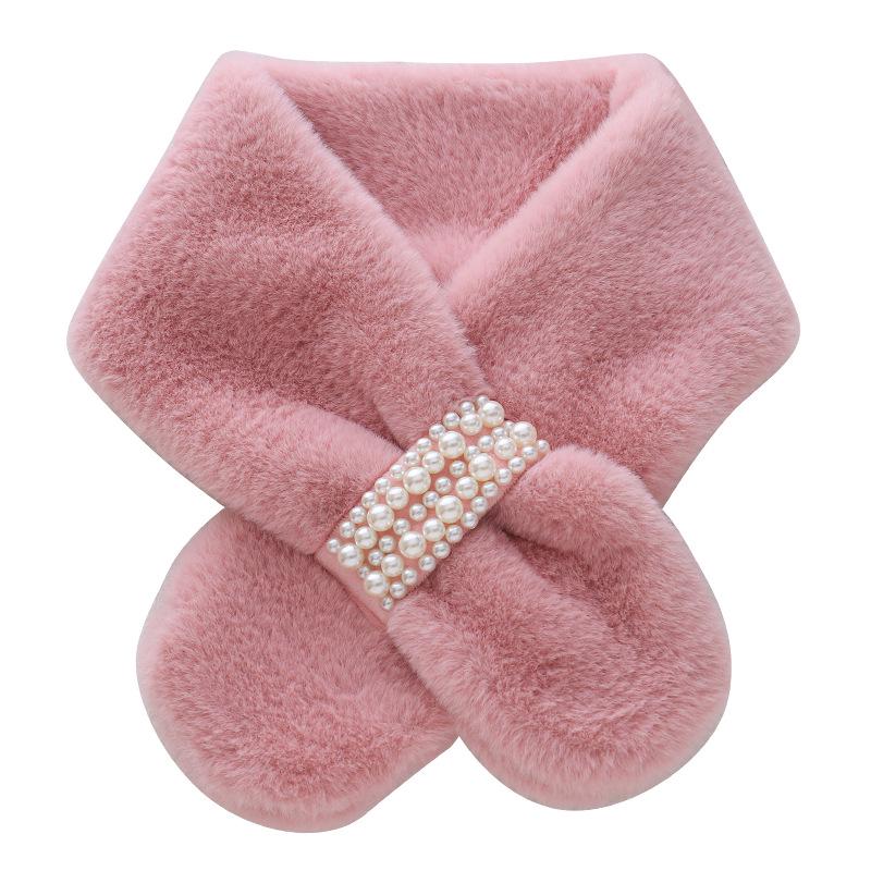Korean Style Thickened Warm Plush Pearl Scarf - Autumn & Winter Cross Neck Warmer for Girls