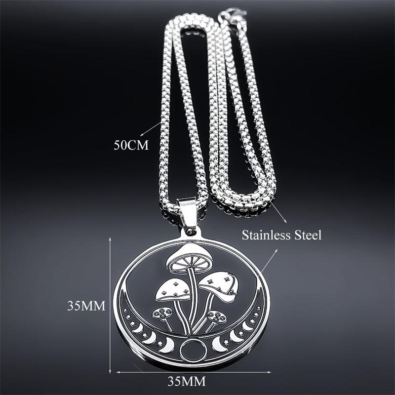 Witch Mushroom Star Triple Moon Phases Necklace for Women/Men Stainless Steel Wicca Pagan Chain Necklaces Gothic Jewelry Collar