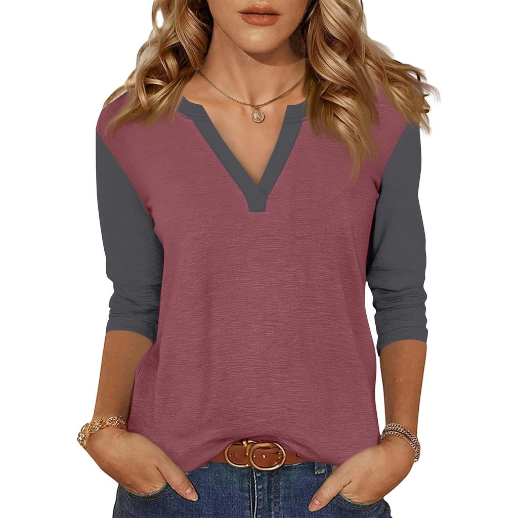 Women's Casual Fashion Sexy Comfortable V-neck Stitching Color Three-quarter Sleeve Top