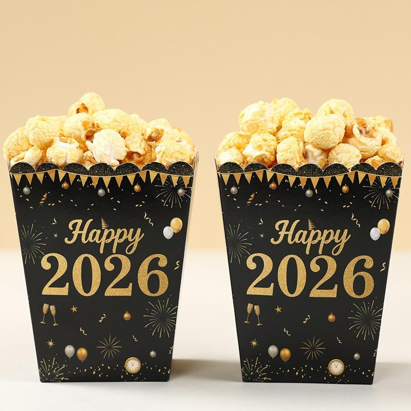 10Pcs Happy New Year 2026 Theme Party Decor Fireworks Popcorn Box Candy Cookie Packaging Boxes For Movie Night Party Decor